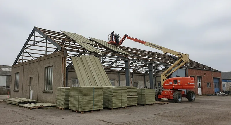 Dépose de couverture fibrociment sur un ancien atelier, Rombas, vallée de l'Orne